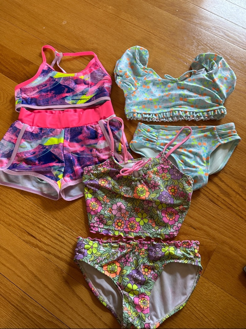 3 Piece Swim BundleGirls Mixed Swim Set - Multicolor Floral & Neon Pink